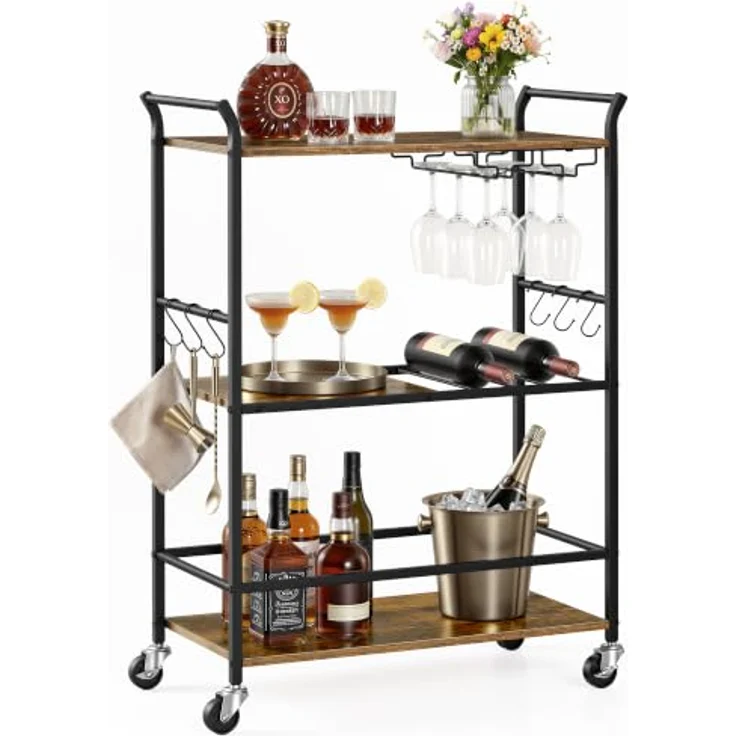 VASAGLE Servierwagen, Küchenwagen, abnehmbares Tablett, mit verstellbaren Füßen und Rollen, Küchenregal, Stahlrahmen, 64,5 x 32 x 85,5 cm, Industrie-Design, vintagebraun-schwarz LRC200K101 – Bild 1