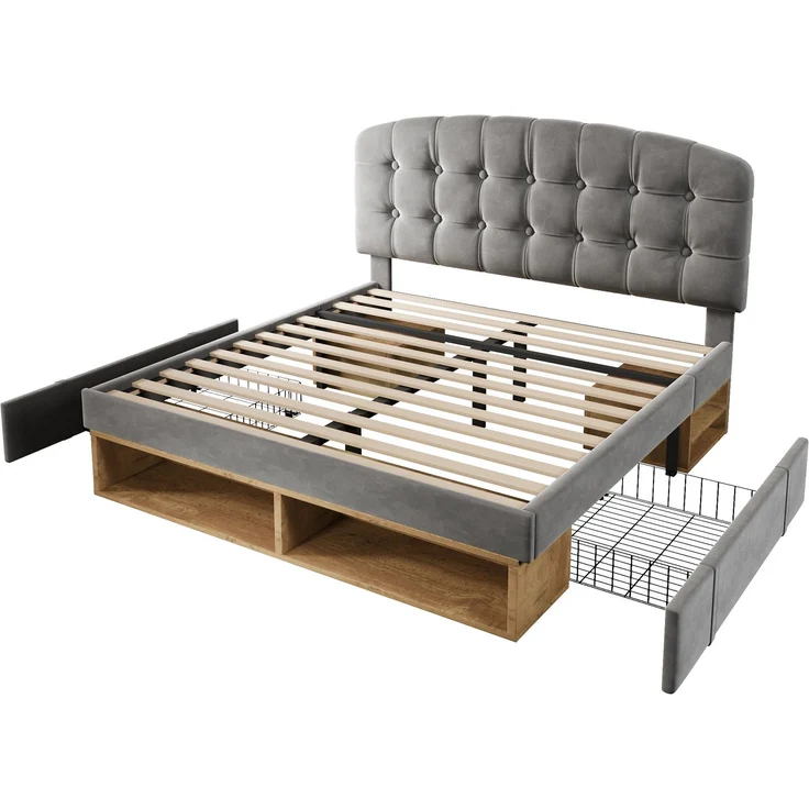Merax Doppelbett 140x200 cm, Polsterbett mit Lattenrost, Bettgestell mit gebogenem höhenverstellbarem Kopfteil, Bett mit Schubladen und Stauraum, Samt, Grau – Bild 9