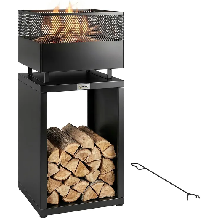 Outsunny Feuerschale, Metall, Schwarz, 39L x 39B x 87H cm