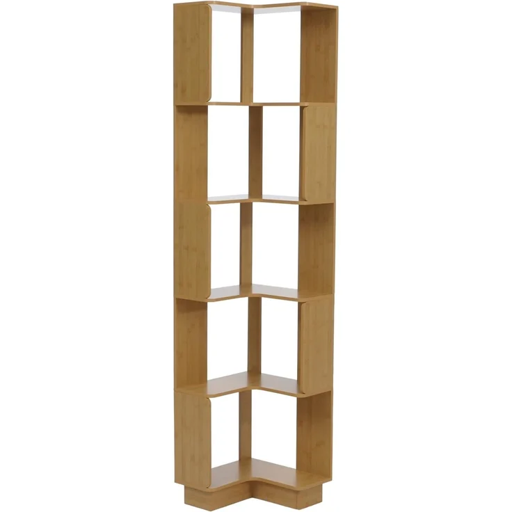Eck-Bücherregal HWC-P53, Eckregal Standregal Wohnregal, 5 Ebenen MDF Melamin 175x40x40cm ~ Bambus-Optik – Bild 7
