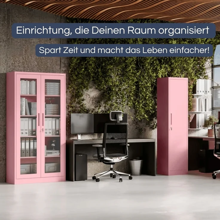 Aktenschrank abschließbar KADO - 5 Ebenen verstellbar, Flügeltüren | Metallschrank Werkstatt Mehrzweckschrank Büroschrank aus Stahl Werkzeugschrank, 185x45x40cm Rosa – Bild 3