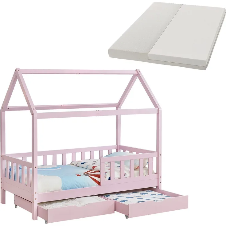 Juskys Kinderbett Marli 90 x 200 cm mit Matratze, Bettkasten, Rausfallschutz, Lattenrost & Dach - Massivholz Hausbett für Kinder - Bett in Rosa