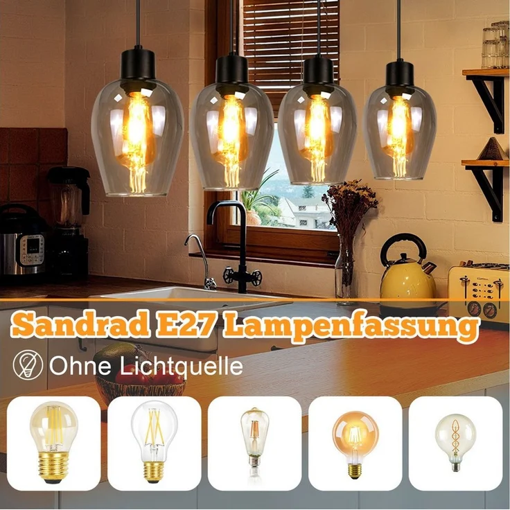 ZMH Pendelleuchte Esstisch 1/3/4-flammig, Hängeleuchte E27 aus Rauchglas und Metall, ohne Leuchtmittel, Vintage kreative Esstisch Küchenlampe für Wohnzimmer Schlafzimmer – Bild 3