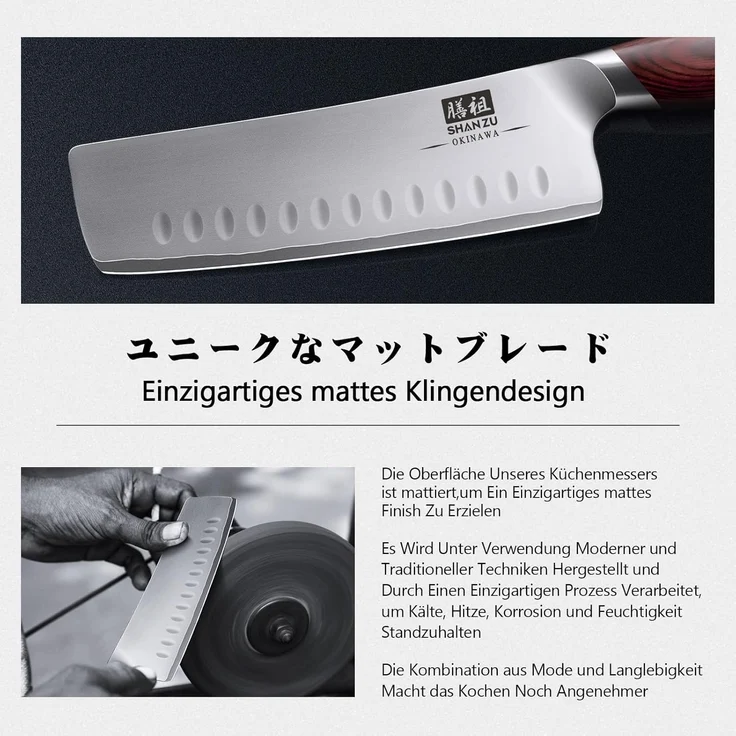 SHAN ZU Nakiri Messer 18cm, Japanisches Hackmesser für Fleisch & Gemüse, Küchenmesser mit Scharfer Klinge aus 10Cr15Mov Kohlenstoffstahl und Ergonomischem Pakkaholz Griff – OKINAWA-Serie – Bild 6