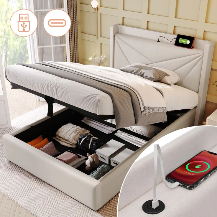 Rayofly-Leinen Polster-Einzelbett H200cm x T90cm x B90cm, Stauraum-Bettkasten, USB & Typ-C Lade-Kopfteil, Lattenrost, ohne Matratze, Beige – Bild 8