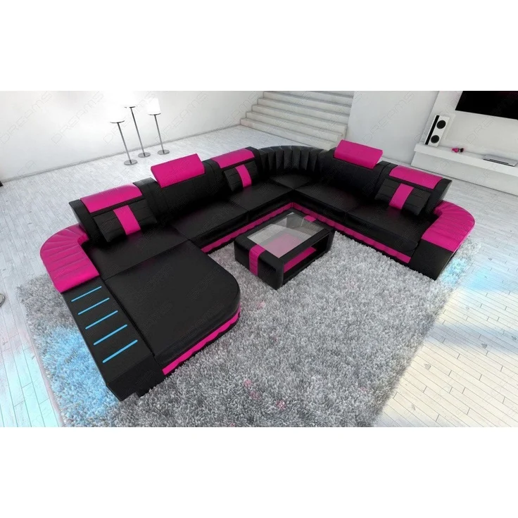 XXL Leder Wohnlandschaft Bellagio mit LED - Ledermix - schwarz-pink - Links – Bild 4