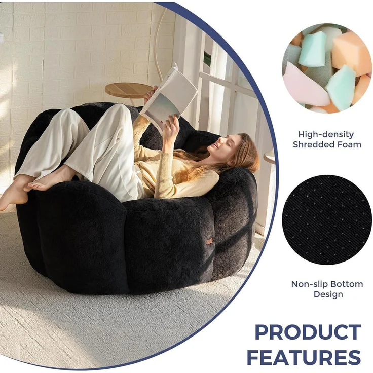 Sitzsack Erwachsene Beanbag Memoryfoam Kunstfell Schwarz 105*105*78 – Bild 5