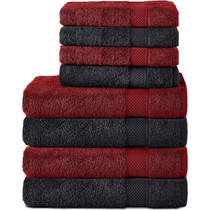 Komfortec 8er Handtuch Set aus 100% Baumwolle, 4 Badetücher 70x140 und 4 Handtücher 50x100 cm, Frottee, Weich, Towel, Groß, Schwarz/Aurorarot – Bild 2