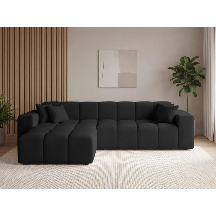 GRAINGOLD Ecksofa Loopo, Couch L-Form mit Wellenfeder, Velour-Stoff, Schwarz, Links