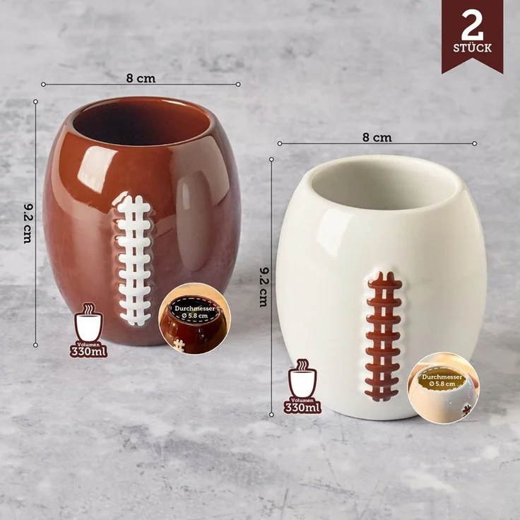 40YARDS Tasse American Football Tasse/Kaffeebecher (330 ml) im 2er Set, 2-tlg, Keramik, mit erhabener Football Naht – Bild 3
