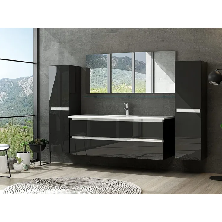 Homeline Badmöbel Set mit Schubladen Glas ablage (Marcel Schwarz, 120 cm Einzelbecken 2X Hochschrank)