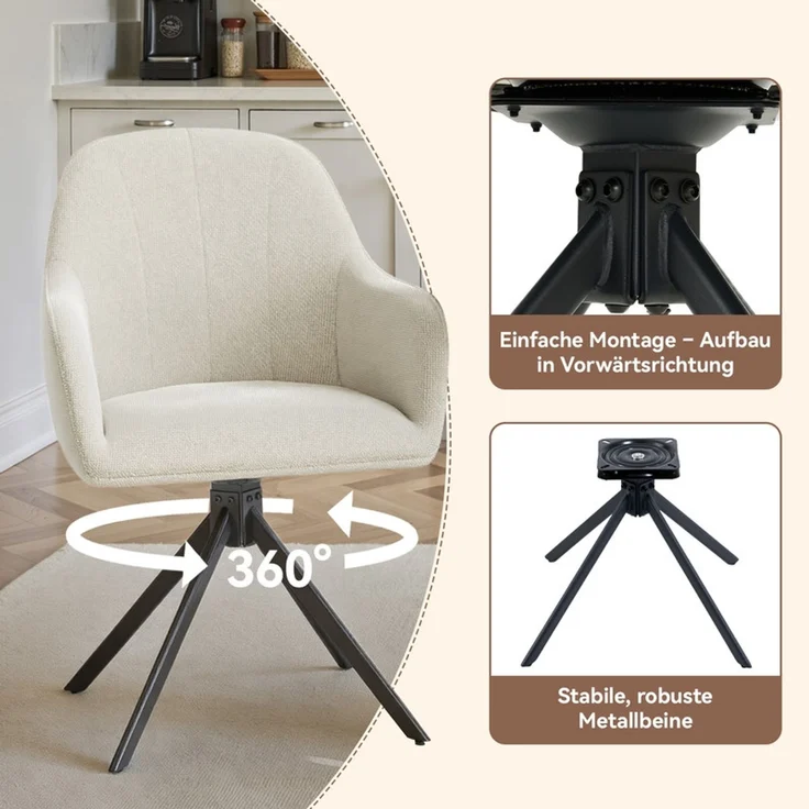 Hawthyhome 4-Fußstuhl Esszimmerstuhl drehbar mit Armlehne, 360° Drehfunktion, Samtbezug, stabiles schwarzes Metallgestell, moderner Küchenstuhl für Esszimmer, Wohnzimmer, Büro & Homeoffice, Beige – Bild 4