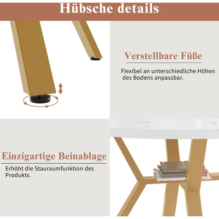 Moderner und schlichter runder Marmor-Esstisch (Durchmesser 1 m), goldener X-förmiger Couchtisch mit Metallhalterung, stabil und langlebig, ein Muss für modische Häuser – Bild 7