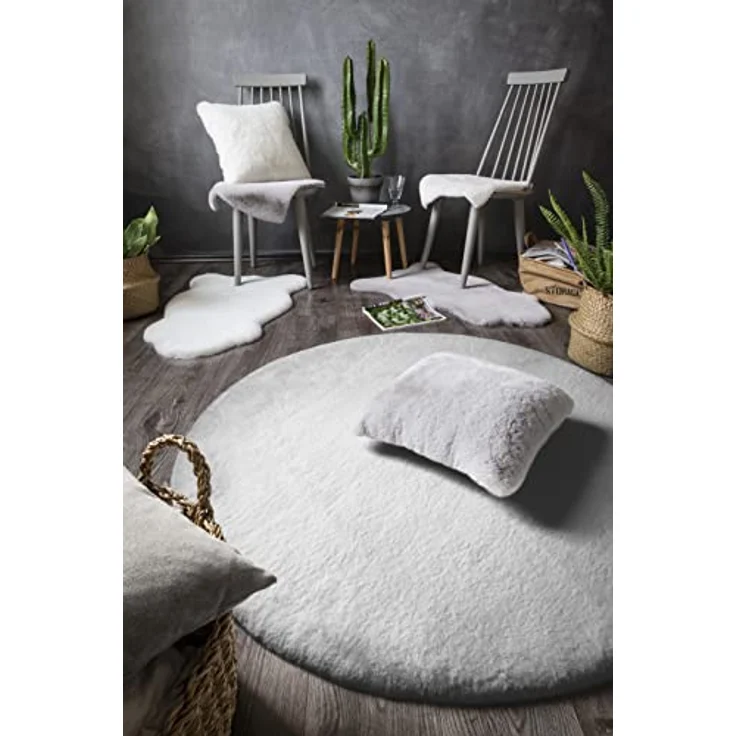 -LUXOR- living Teppich Coste gemütlicher Hochflor Kunstfell Teppich Fellimitat in Schaffelloptik 120 cm rund grau – Bild 2