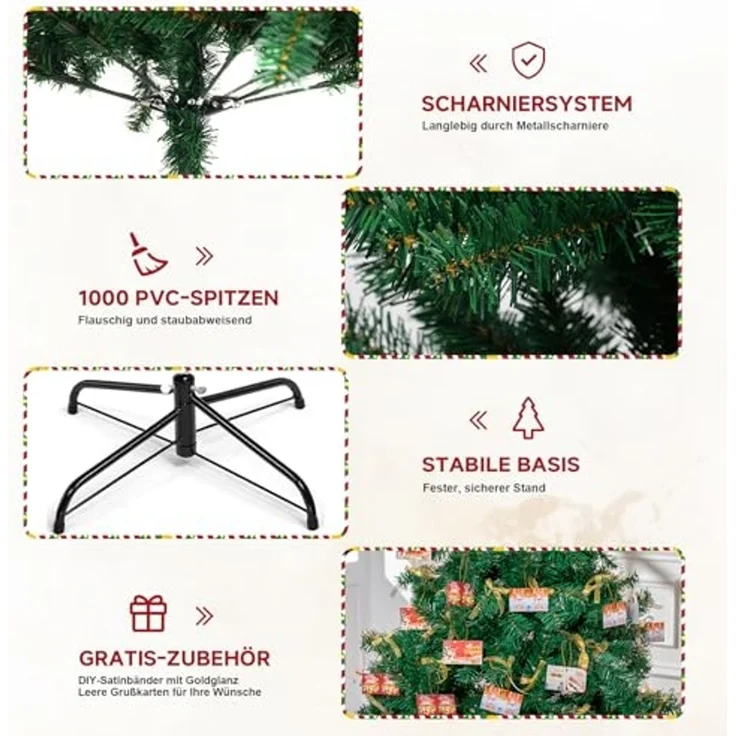 COMHOMA Künstlicher Weihnachtsbaum Weihnachtsdeko 195cm PVC Material mit 1000+ Spitzen Thickened Branches, mit dekorativen Schleifen & Grußkarten, stabiler Metallständer – Bild 5