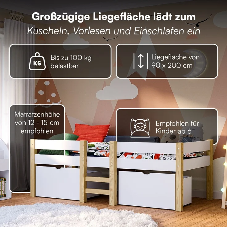 Bellabino 'Aspy' Halbhochbett 90x200 cm mit Matratze, weiß, Kinderbett mit 2 Schubladen, Rausfallschutz und Lattenrost, Hochbett mit Leiter – Bild 4