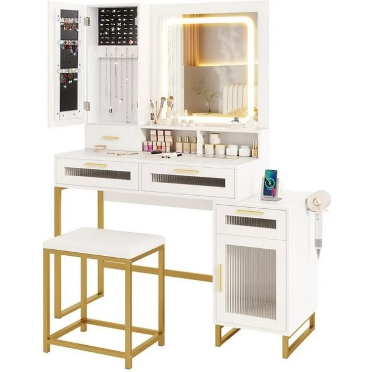 COSTWAY Schminktisch (1-St), mit LED & Ladestation, Hocker, Spiegel, Schubladen – Bild 4