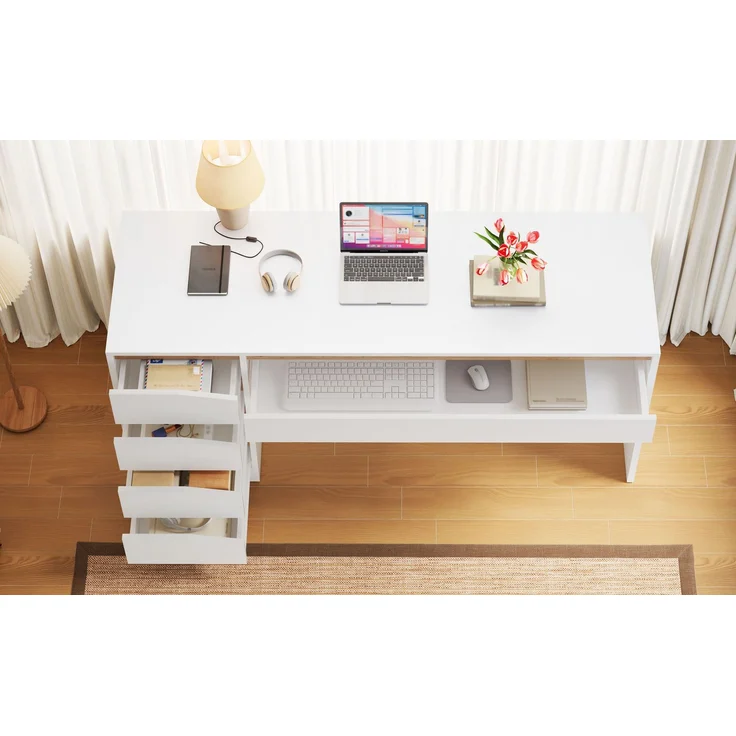 ZUBALIYA Schreibtisch 140x50 cm mit 5 Schubladen, Weiß/Eiche-Optik, Moderner Computertisch mit extra großer Arbeitsfläche, Schminktisch mit Stauraum, Bürotisch für Homeoffice, Schlafzimmer und Arbeitszimmer – Bild 13