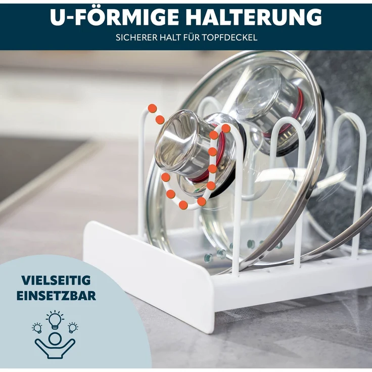 eluno Topfdeckel und Pfannenhalter 2er Set für 7 Töpfe, Pfannen, Deckel, Teller und Schneidebretter aus weißem Metall – Bild 6