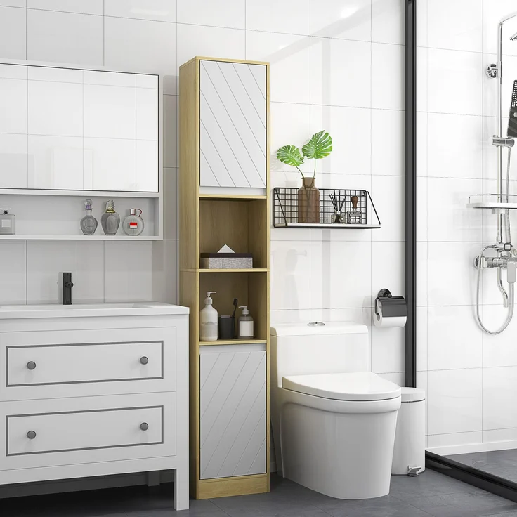 Gemütlicher Bad-Hochschrank 30 x 24 x 170 cm, 2 Türen, 1 Regal, 2 Nischen, Eiche hell, weiß – Bild 4