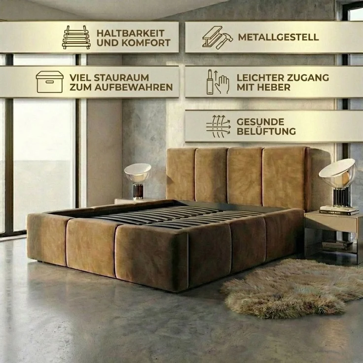 A&J MöbelLand GmbH Polsterbett EMILII mit Bettkasten und Lattenrost (Bett mit Kopfteil. Matratze und Lattenrost Inclusive! Bettkasten mit großem Stauraum. Viele Varianten zur Auswahl – wählen Sie Größe und Farbe!, TOP ANGEBOT), Länge: 210 cm Höhe Kopft... – Bild 4