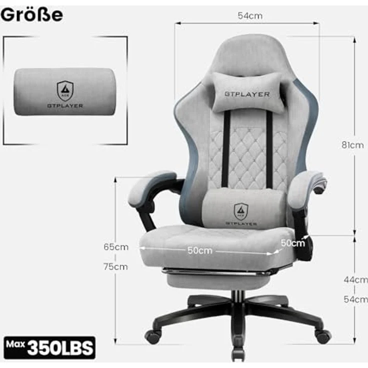 GTPLAYER Gaming Stuhl Stoff, Gaming Sessel mit Taschenfederkissen, ergonomischer Drehstuhl, Gamer Stuhl mit Fußstütze150 kg Belastbarkeit, grau – Bild 3