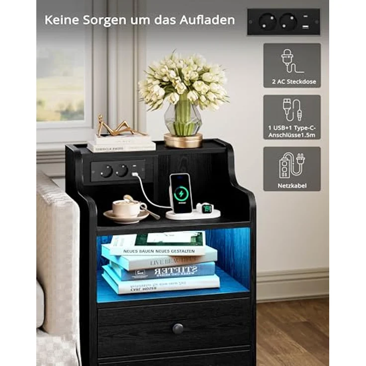 IRONCK LED Nachttisch mit Steckdose, Beistelltisch Holz mit Ladefunktion, Nachtschrank mit 2 AC, 1 USB& 1 Type-C Anschlüsse, Sofatisch mit 2 Schubladen für Wohnzimmer,Schlafzimmer, 45 x 30 x 70 cm Schwarz – Bild 7