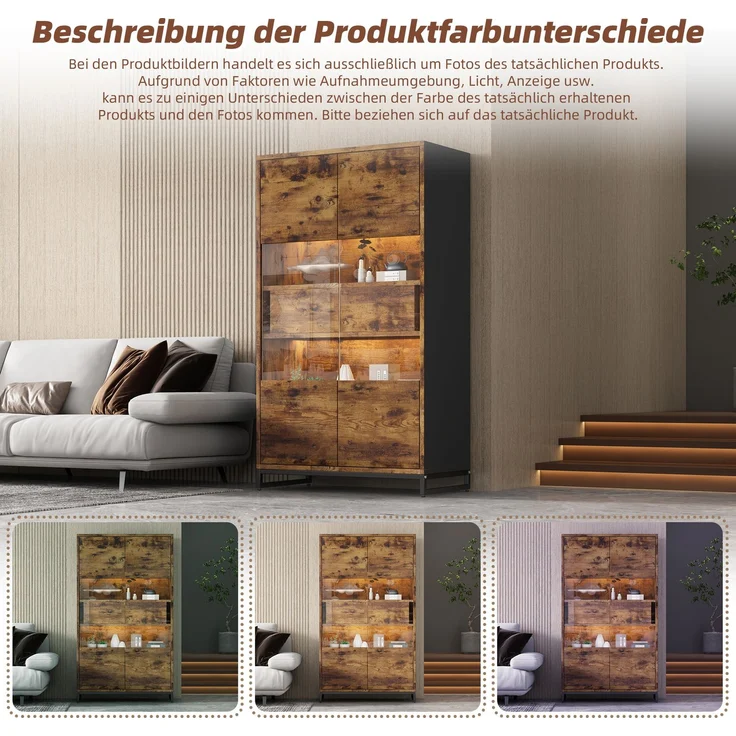 ZUBALIYA Vitrine (80 x 40 x 138 cm), 2 Türen und 2 Schubladen, LED - Beleuchtung, Transparente Elemente, Beige / Naturfarben / Schwarz – Bild 9
