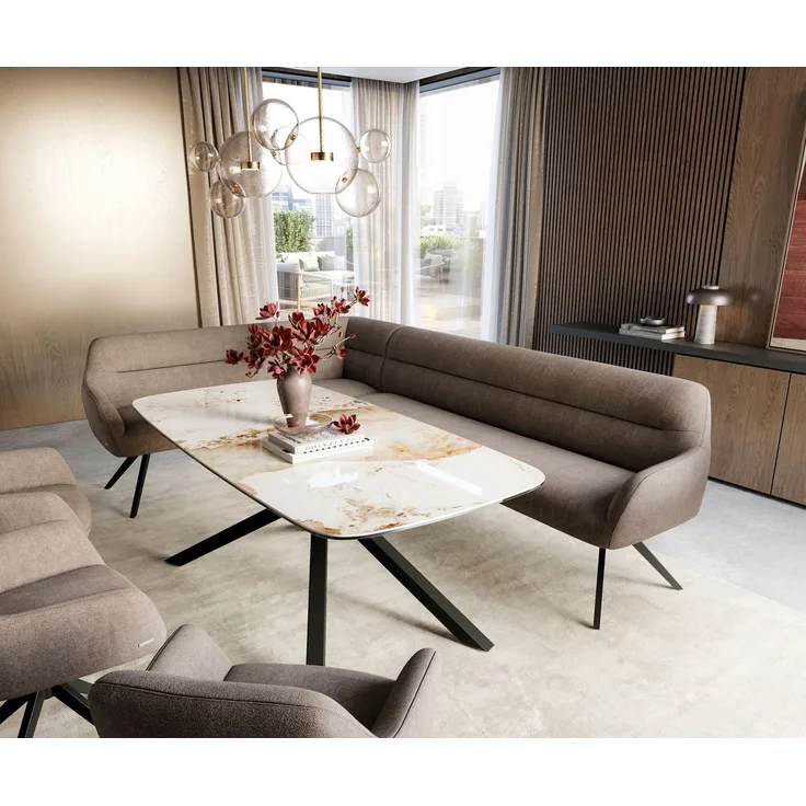 Esszimmerbank Taya-Flex 285x190 cm Strukturstoff Soft Taupe Kreuzgestell kantig Schwarz Taschenfederkern Rechts