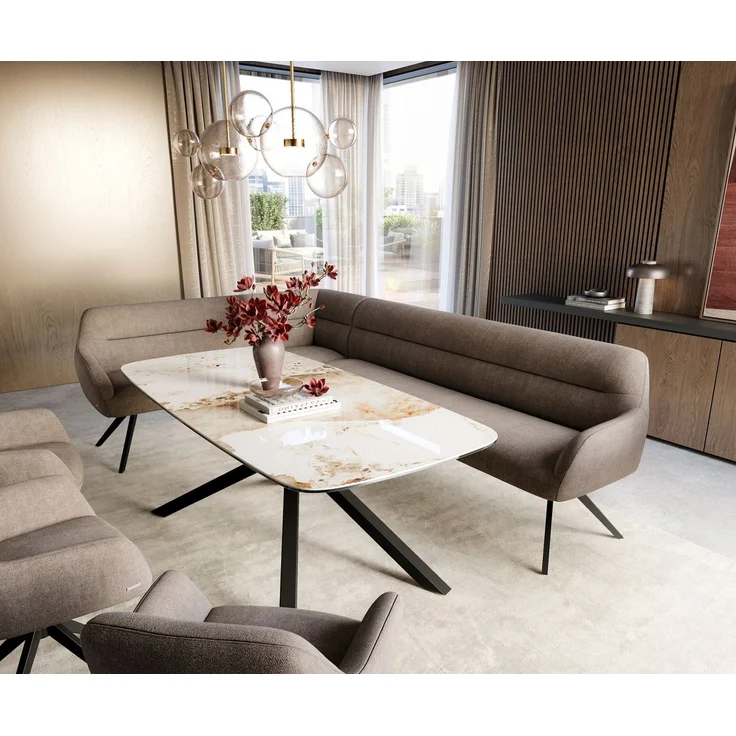 Esszimmerbank Taya-Flex 285x190 cm Strukturstoff Soft Taupe Kreuzgestell kantig Schwarz Taschenfederkern Rechts – Bild 1