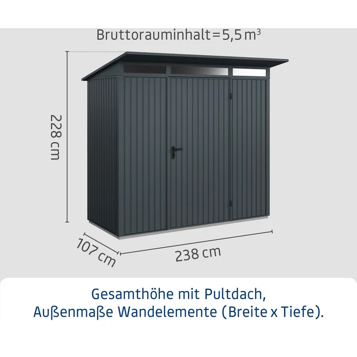 Hörmann Ecostar Metall-Gerätehaus Trend mit Pultdach Typ 1, 108x238 cm , anthrazitgrau, 2,6 m²,1-flüglige Tür – Bild 3