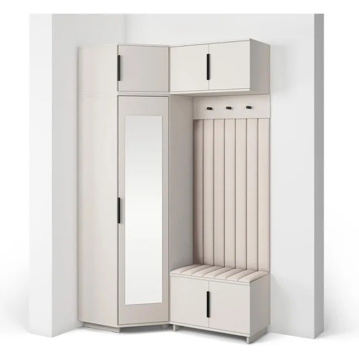 Garderoben-Set Napoli Version 23: Eckschrank mit Polsterpaneelen, Schuhschrank und Schrankaufsatz Flur und Eingangsbereich (Cashmere/Trinity 01), 229 x 70 x 140 cm