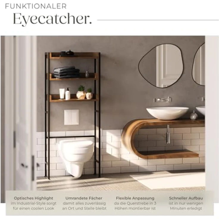 tectake Badezimmerregal mit 3 Ablagen, Badregal, Waschmaschinenregal, Industrial Design, Überbauschrank, Regal für Waschmaschine, Toilettenregal, WC Regal, 67 x 25 x 165 cm - Industrial Dunkelbraun – Bild 5
