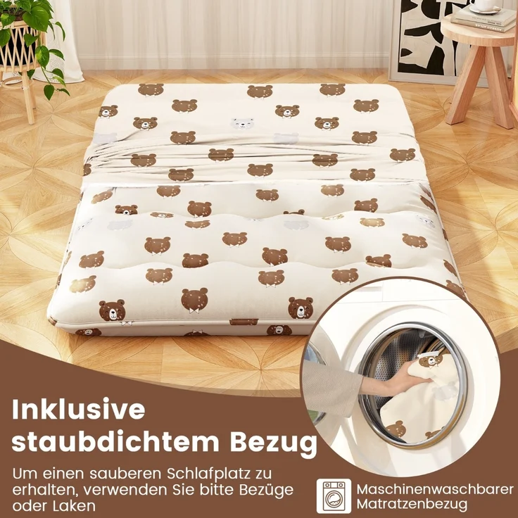 140 x 200 cm Japanische Futon Matratze mit Waschbarem Bezug & Tragetasche Tatami-Matte Braunbär – Bild 4