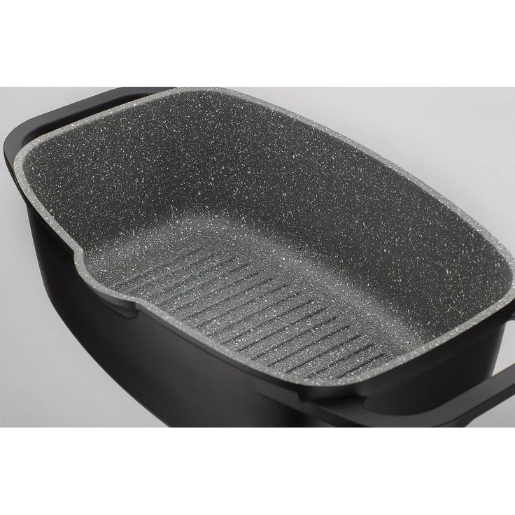 GSW Topf-Set Gourmet Granit, Gusseisen (Set, 4-tlg, 1 Bräter 32cm, 1 Wok Ø32cm, mit Deckel, Gittereinsatz, Pfannenwender), Induktion – Bild 3