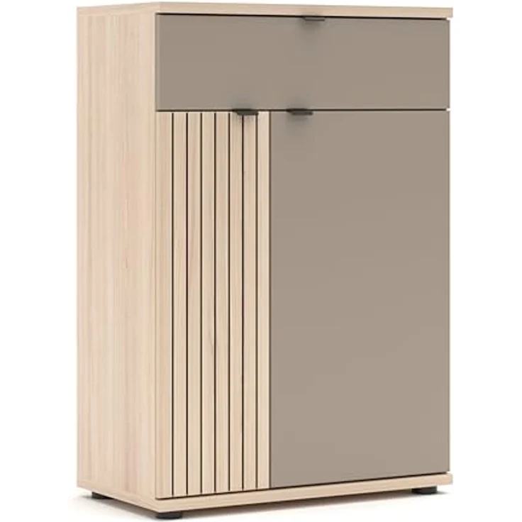 PISA Schuhschrank mit 1 Schubkasten, 2 Holztüren in Basalt matt mit Leistenoptik Riva Eiche – FSC-Zertifiziert – Modernes Schuhregal mit 3 Fachböden – 70 x 103 x 38 cm (B/H/T) – Bild 1