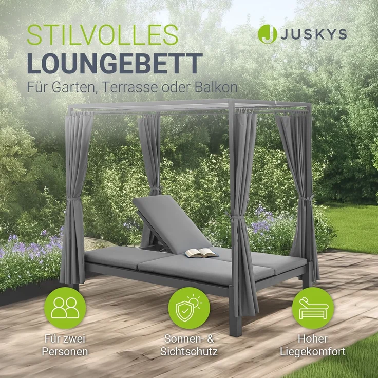 Juskys Doppel Loungebett Kreta - Gartenliege für 2 Personen - Dach & Rückenlehne verstellbar - Sonnenliege für Terrasse, Garten & Balkon - Liege Grau – Bild 2
