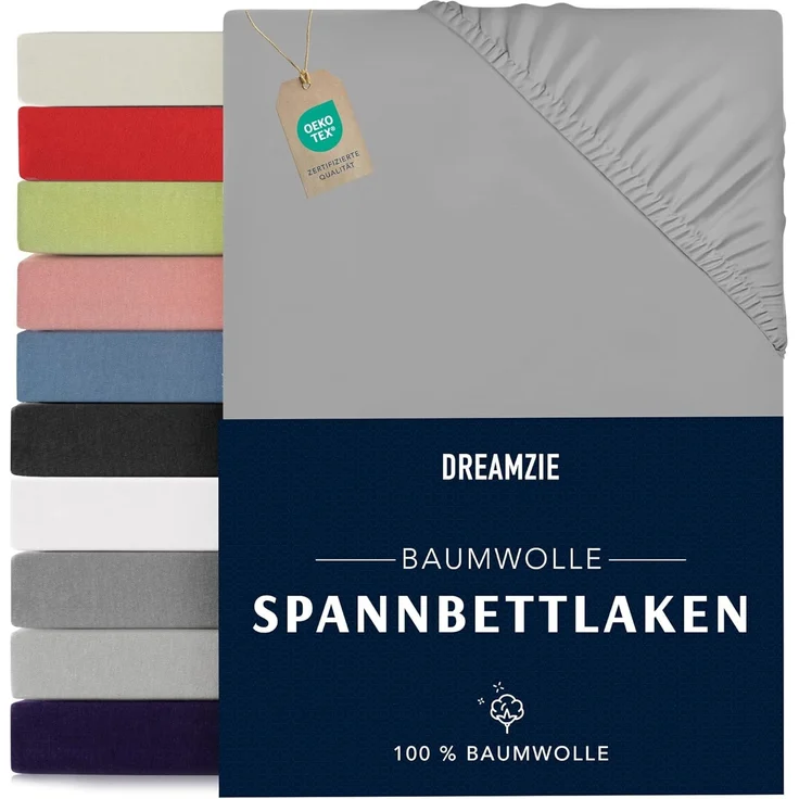 Dreamzie - Spannbettlaken 160x200 cm - Baumwolle Oeko Tex Zertifiziert - Grau - 100% Jersey Spannbettlaken 160x200 cm Baumwolle – Bild 1