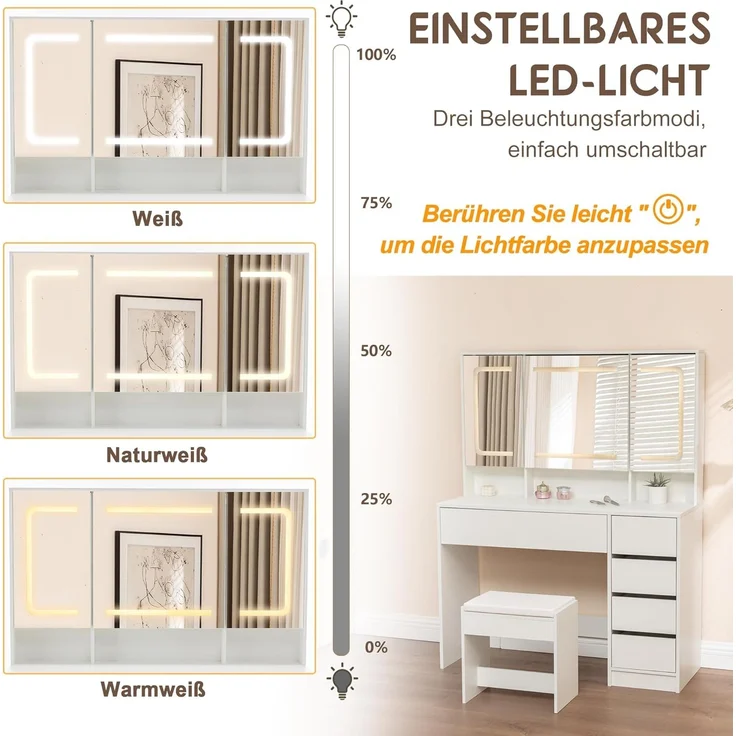 Thanaddo Schminktisch mit verstellbaren LED-Spiegel, Schminktische mit Hocker und Schubladen (Schminktisch mit LED), Mit 9 Fächer zur Aufbewahrung,Mit 3 Helligkeitsstufen – Bild 6