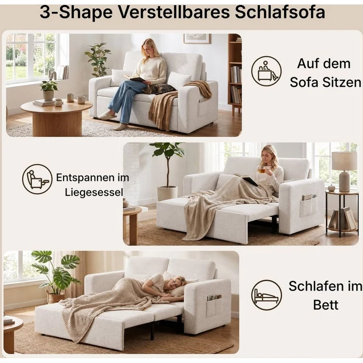 Blishom Schlafsofa 2-Sitzer-Schlafsofa aus Velours, ausziehbar, Liegefläche 117 x 196 cm, Mit Seitentaschen und zwei Zierkissen für Wohn- und Gästezimmer – Bild 4