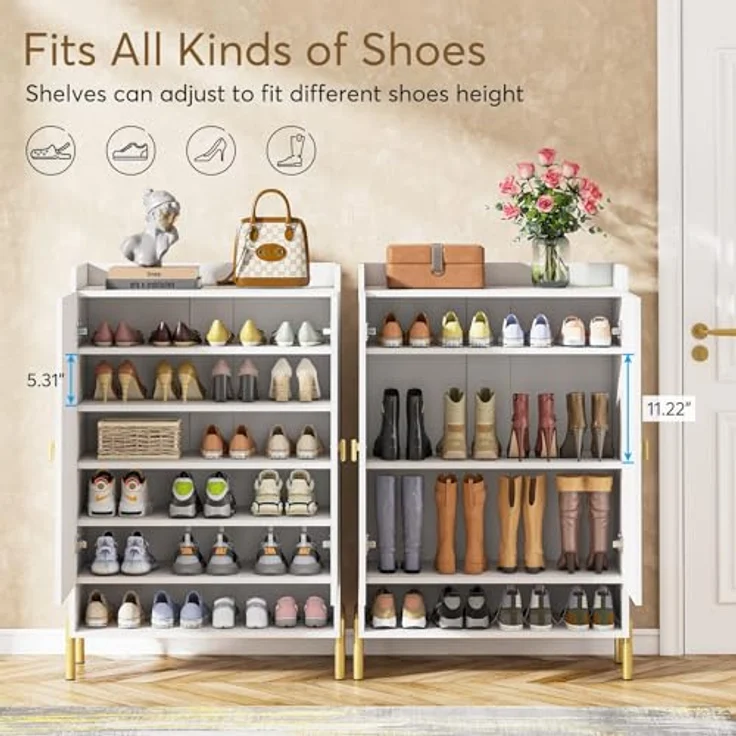 LITTLE TREE Schuhschrank für den Eingangsbereich: 6-stöckiger Schuh-Organizer, schmal, freistehend, Holz-Schuhregal mit Türen, verstellbare Einlegeböden für Flur, Schrank, Wohnzimmer – Bild 6
