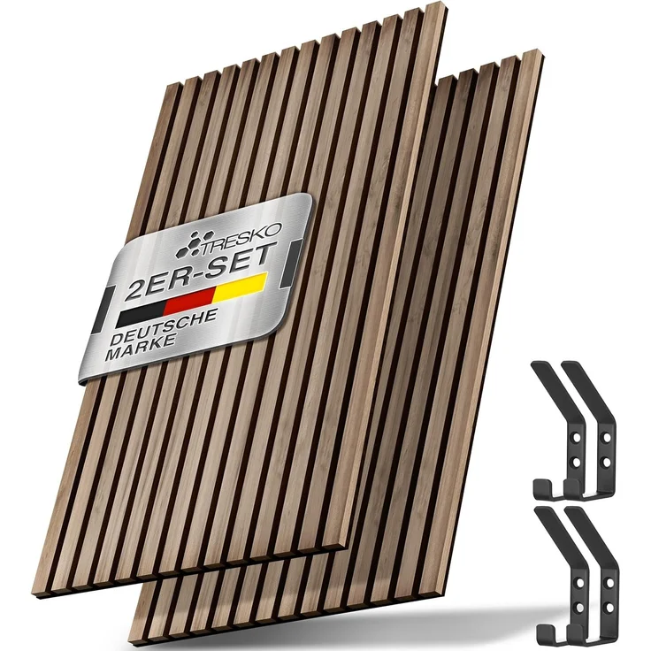 TRESKO® 2 Stück Akustikpaneele Holz 120×60 cm inkl. 4x Kleiderhaken | Wandverkleidung Eiche Natur als 3D Lamellenwand | Holzpaneele Paneele für Schallschutz | Akustik Wandpaneele mit Montageset – Bild 1
