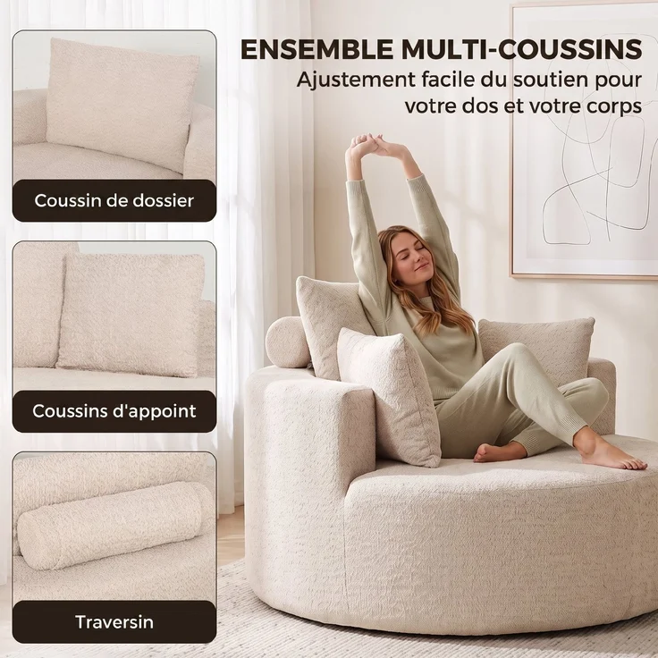 Runder Chenille-Sitzsack, große Sitzfläche, 2 Kissen, 1 Rückenlehne, 1 Nackenrolle, Belastbarkeit 250 kg, 130 x 130 x 82 cm, Creme – Bild 9