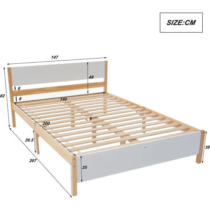 Doppelbett 140x200 cm, Holzbett mit Kiefernholzrahmen und Mittelfuß, Weiß & Natur – Bild 10