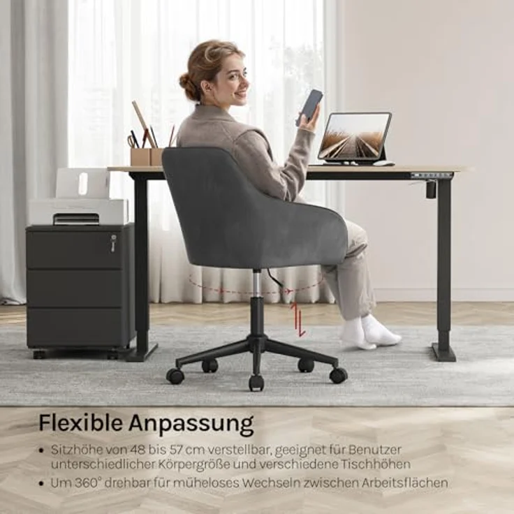 WOLTU Homeoffice Stuhl, Schreibtischstuhl, Drehstuhl, Schminkstuhl, höhenverstellbar, bis 150 kg belastbar, mit Armlehnen Samtsitz, für Schlafzimmer Büro Wohnzimmer, Dunkelgrau+Schwarz BS145dgr – Bild 5