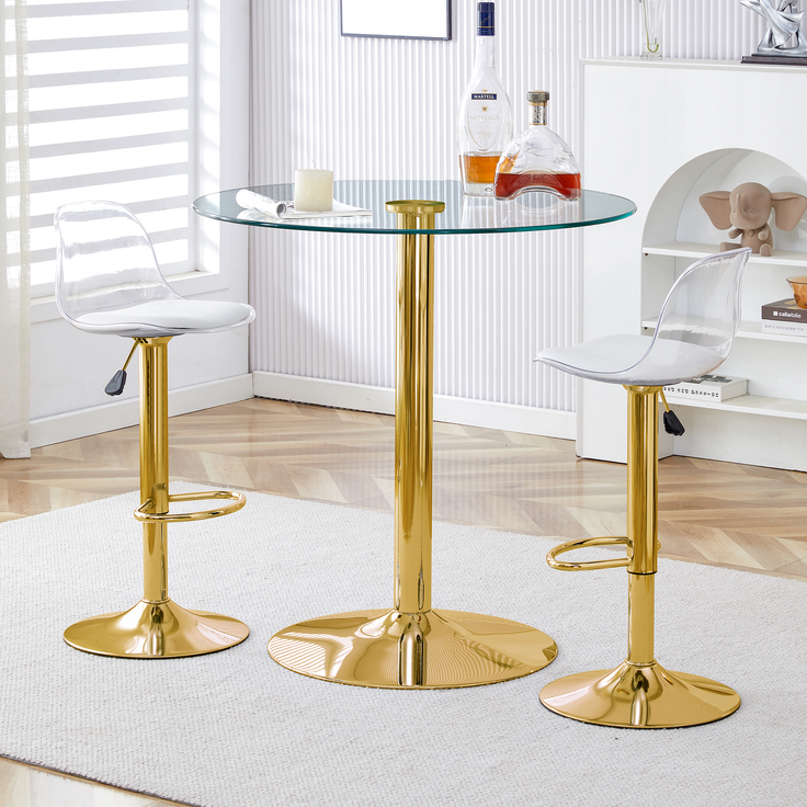 Bartischgruppe mit Glastisch H 92 x T 89 x B 89 cm, transparent und goldfarben, mit 2 höhenverstellbaren Hockern – Bild 2