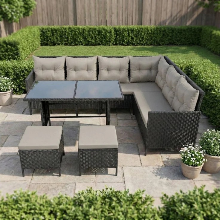 Home Collective Gartenlounge-Set 7-Sitzer mit Ecksofa Outdoor Möbel Gartenmöbel Polyrattan Outdoormöbel, (220x170x79 cm (BxTxH), gemütliche Polster in schwarz oder grau), inkl. Esstisch mit gehärteter Glasplatte und zwei Hocker, schwarz – Bild 5
