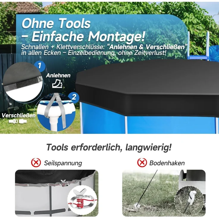 Sekey Poolabdeckung Rund 305 cm – Passend für Runde Stahlrahmenbecken | Verstellbare Schnallen & Klettverschlüssen | Wind- & Staubdicht | Reißfestes Hochdichtes Abdeckplane | Schwarz – Bild 4