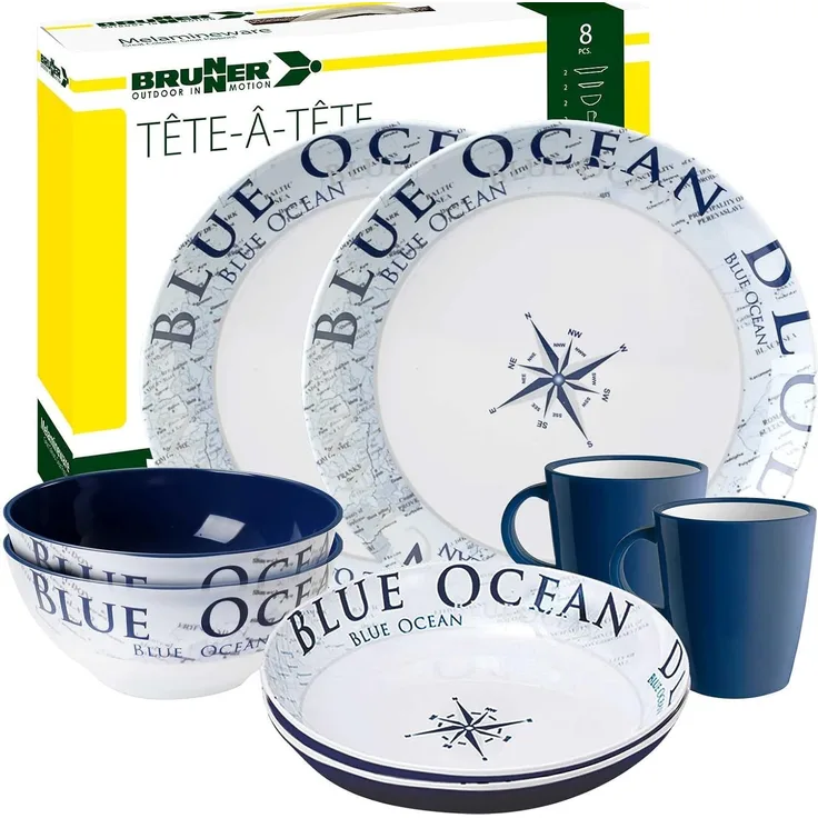 BRUNNER Geschirr-Set BRUNNER Melamin Campinggeschirr Set BLUE OCEAN (8, 12, 16, 36-Teile) (8-tlg)
