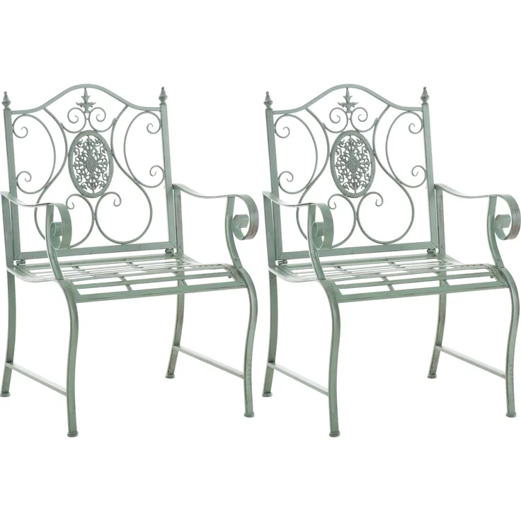 2er Set Gartenstühle AUSTIN - Metall Antik-grün 62x53x94 cm | Gartenstuhl Metall Terrassenstuhl Antik Verzierung Stühle Garten Balkon